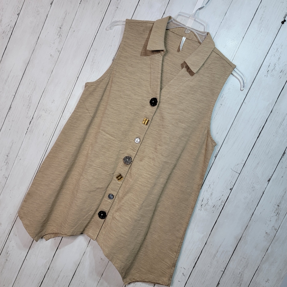 NWOT Passports Women's Brown Cotton Knit Sleeveless Snap-up Shirt Size Large. - Picture 2 of 7